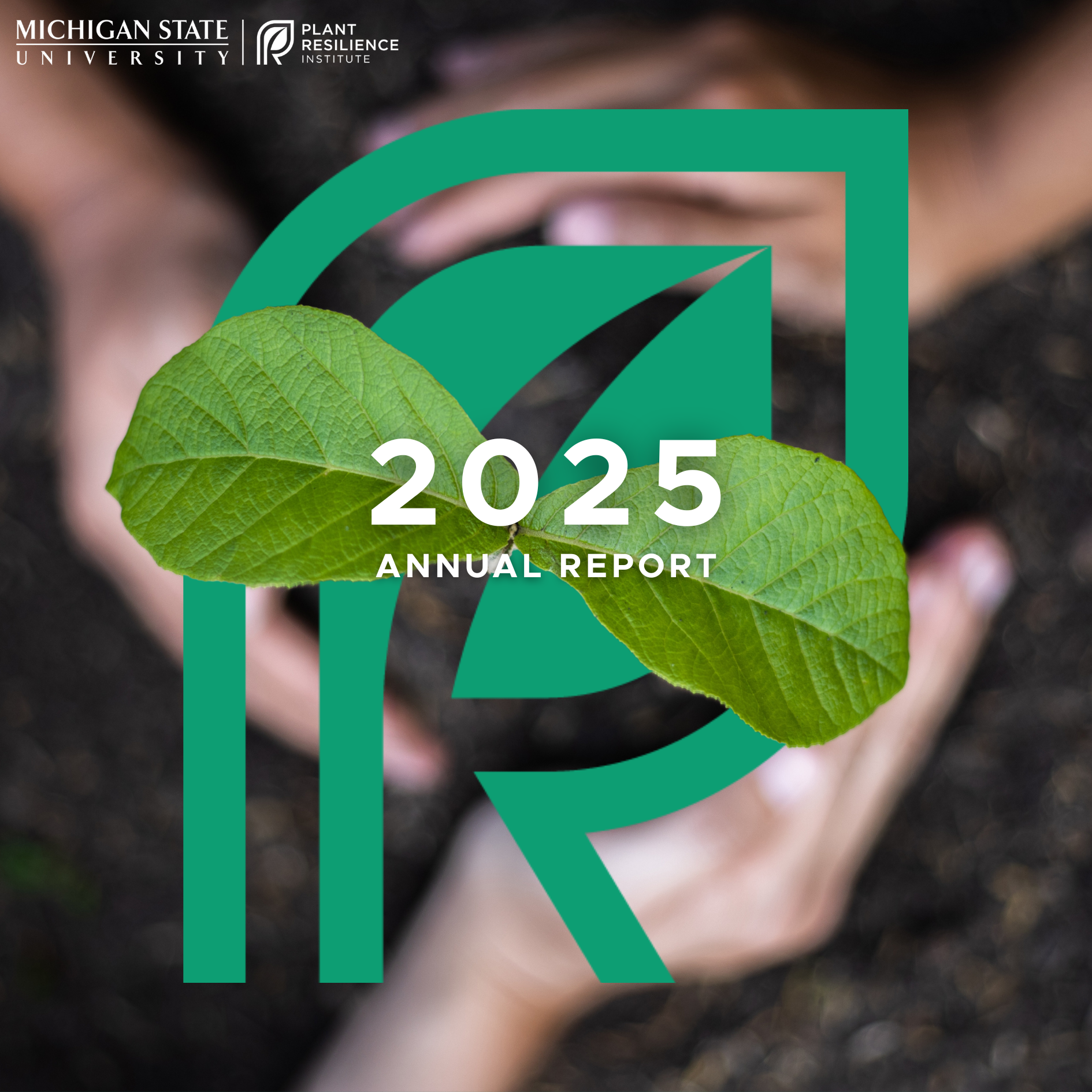 A graphic with a blurred background image of hands in soil circling a small green plant growing out of a green PRI emblem with the text overtop