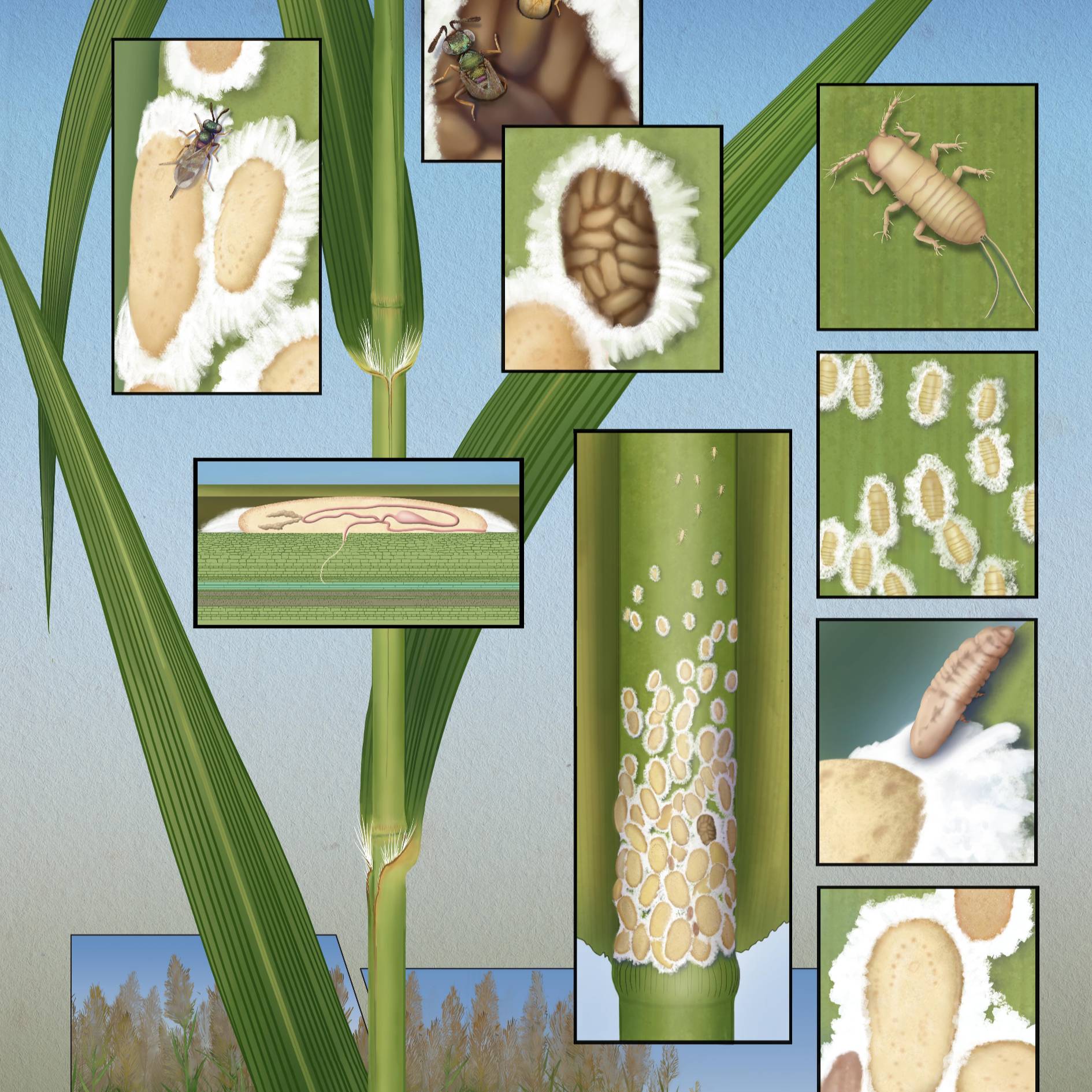 A graphical illustration of N. biwakoensis on corn plants by Tiana Litwak