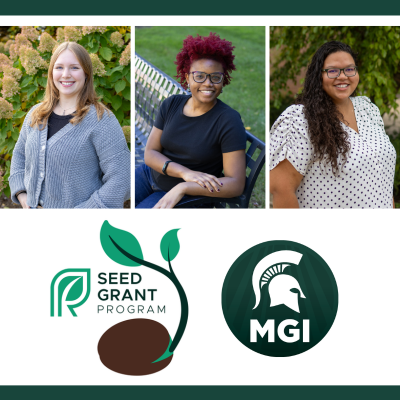 Three headshots of seed grant awardees are featured above the PRI Seed Grant Program and MGI logos