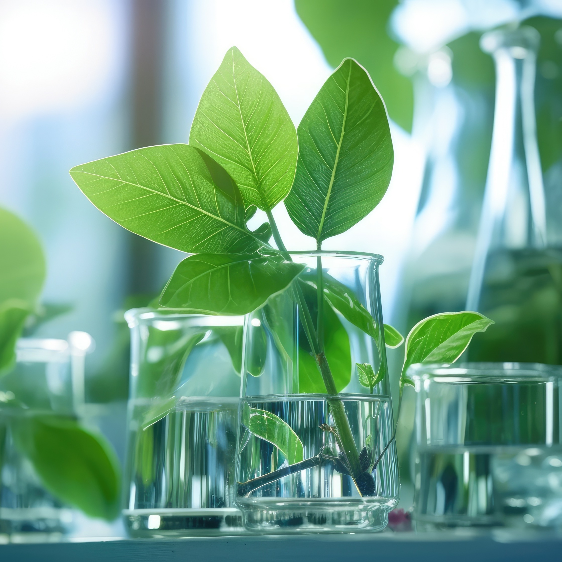 Leafy plant resting in a liquid-filled glass container