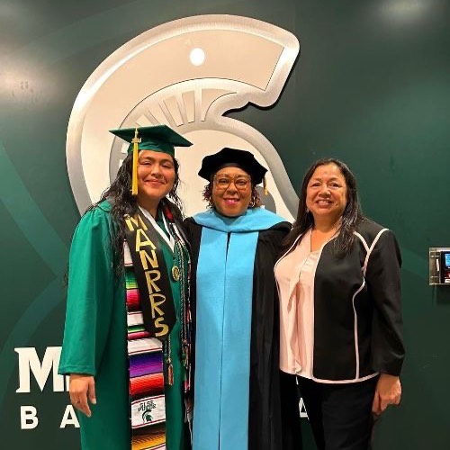 Natali Gonzalez pictured at her graduation ceremony with CANR Associate Dean of Culture, Access and Belonging Dr. Antomia Farrell and CANR Assistant Director of Student Support and Belonging Stephanie Chau