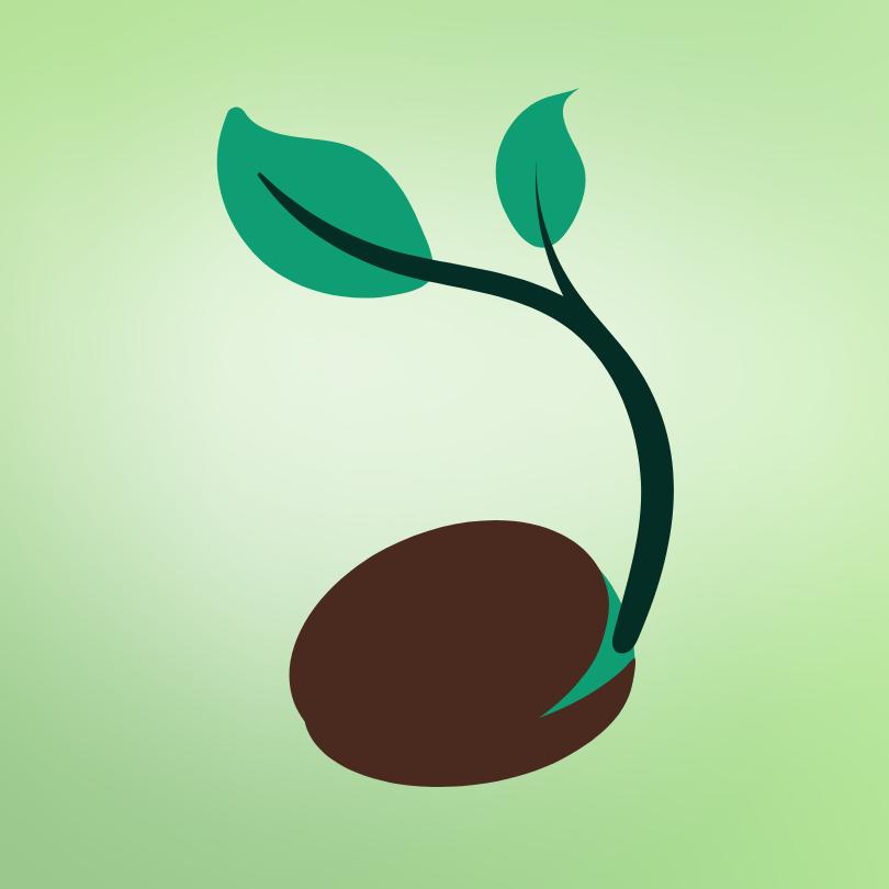 A graphical image of a seedling with two small leaves sprouting from a brown seed over a light green background 