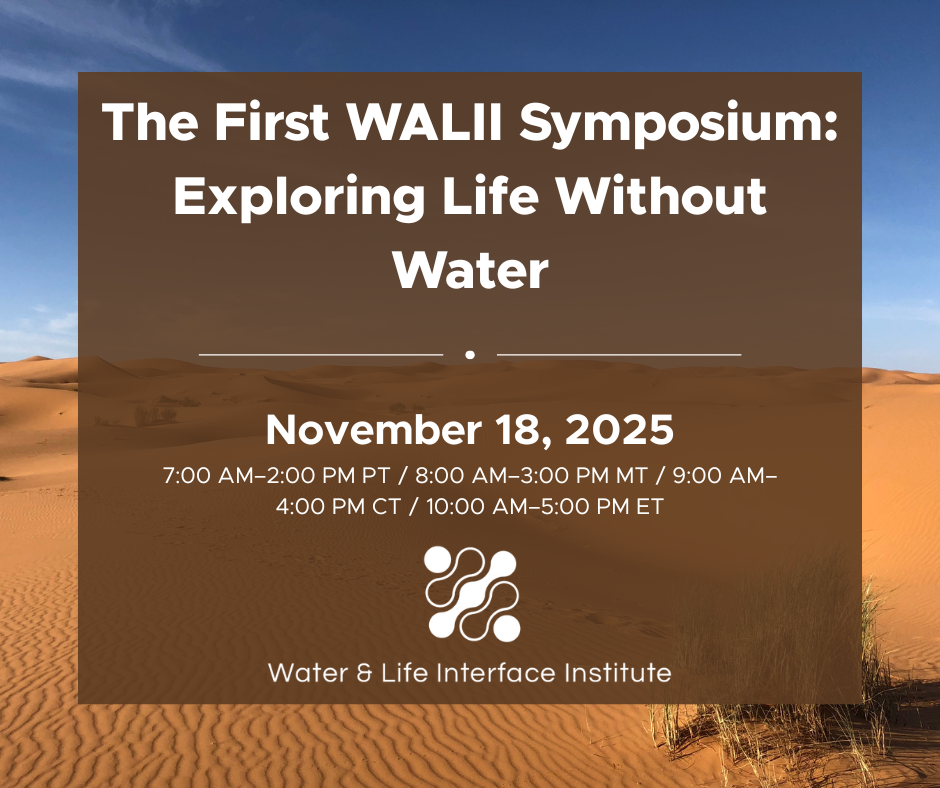 A graphic with a desert background photo and the WALII logo with the text "The First WALII Symposium: Exploring Life Without Water, November 18, 2025"
